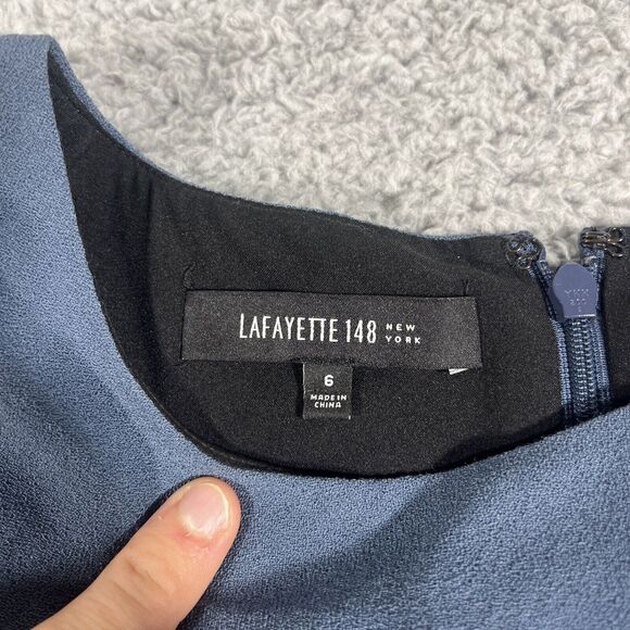 NWT Lafayette 148 Wrap Side Tie Ruffle Blue Dress Size 6 Women's Knee Length - Picture 2 of 11